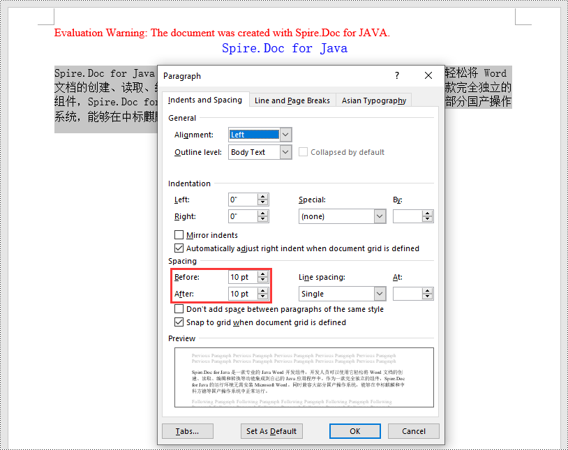 java 设置 word 文档的段落间距和行间距